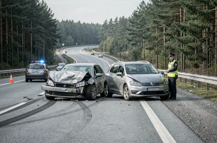 Scène d'après-accident sur une autoroute française avec policier et véhicules accidentés sur la bande d'arrêt d'urgence