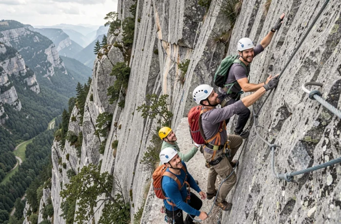 Groupe de copains réalisant une via ferrata comme activité forte lors d'un EVG en montagne