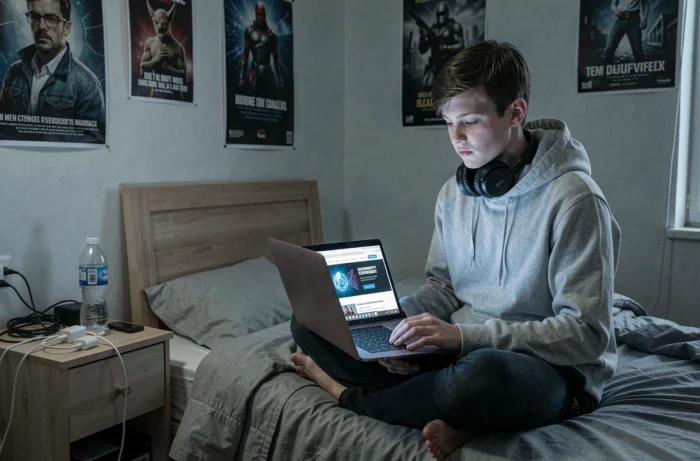 Adolescent consultant un guide de cybersécurité sur son ordinateur portable dans sa chambre, apprenant à protéger sa vie numérique personnelle