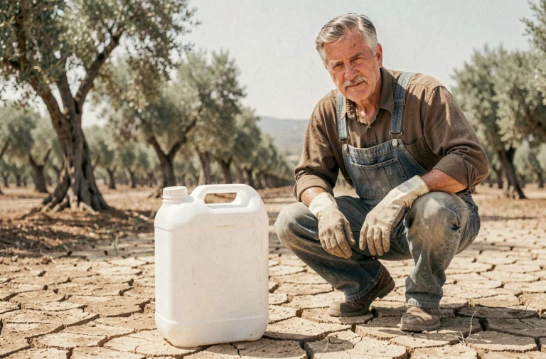 Agriculteur espagnol accroupi près d'un bidon de glyphosate 5 litres dans une oliveraie andalouse