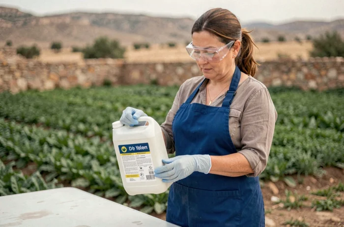 Femme agricultrice lisant l'étiquette d'un herbicide à base de glyphosate avant application dans une ferme espagnole