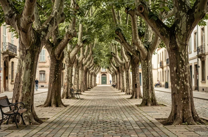 Allée historique bordée de vieux catalpas majestueux sur une place pavée européenne, symboles d'un patrimoine arboricole centenaire