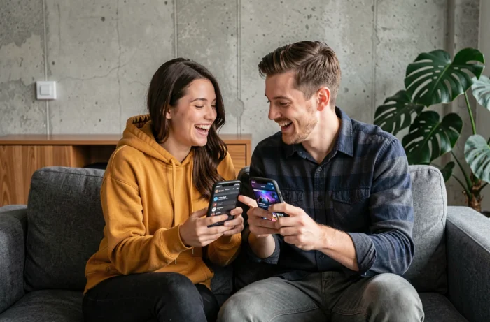 Deux amis comparant des plateformes de streaming sur leurs smartphones dans un appartement moderne