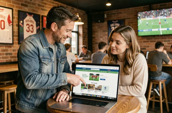 Deux amis découvrant ensemble le plan d'un site de sports en ligne dans un café sportif