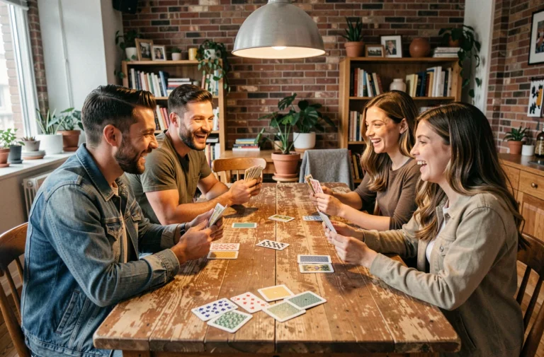 Quatre amis jouant au Kems autour d'une table en bois dans un appartement cosy, riant et tenant leurs cartes à jouer