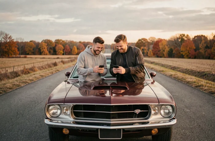 Deux amis passionnés d'automobile appuyés sur une muscle car vintage restaurée sur une route rurale en automne