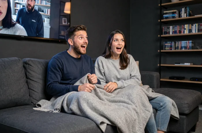 Deux amis regardant les films Spider-Man dans un appartement moderne avec un écran de cinéma maison, réagissant avec enthousiasme