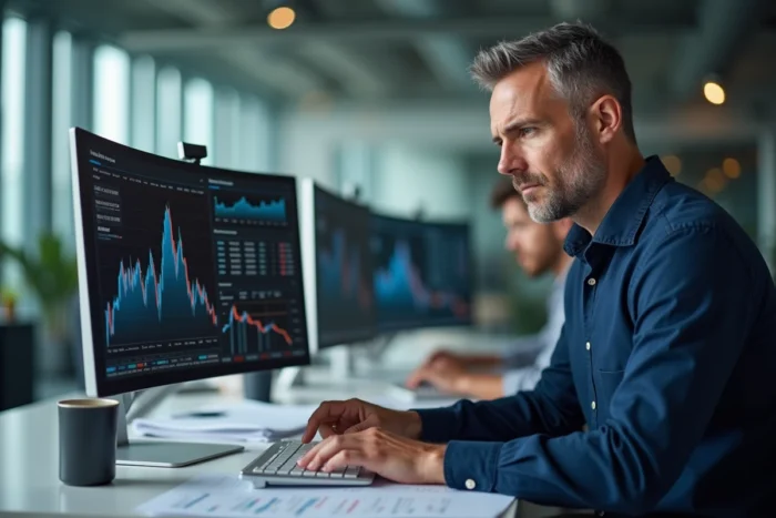 Analyste financier masculin étudiant des graphiques d'indices de confiance économique sur plusieurs écrans dans un bureau moderne