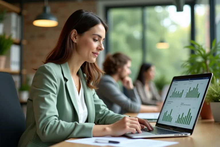 Femme analyste financière consultant un portefeuille d'ETF ESG sur ordinateur portable dans un bureau moderne avec plantes vertes