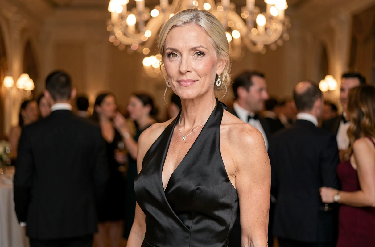 Femme blanche aux yeux hazel verts en robe de soirée noire lors d'un gala, regard intense mis en valeur par l'éclairage de la salle