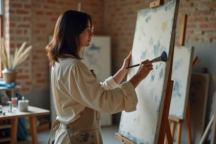 Artiste peintre femme travaillant sur une grande toile dans son atelier au style authentique