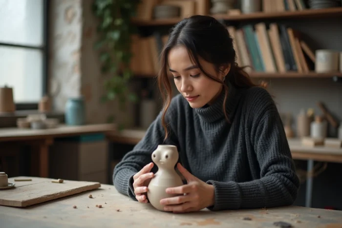 Artiste femme inspectant une sculpture en argile dans un espace de création intimiste