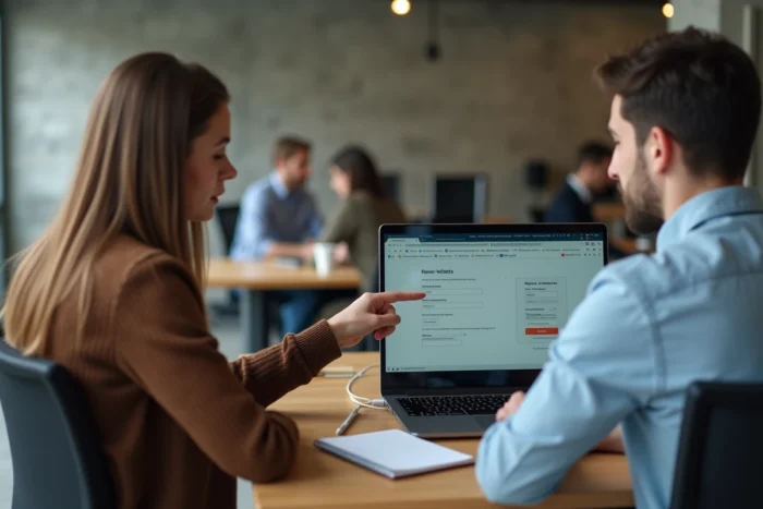 Deux collègues consultant les paramètres de sécurité d'un compte Mon Proxima dans un espace de coworking