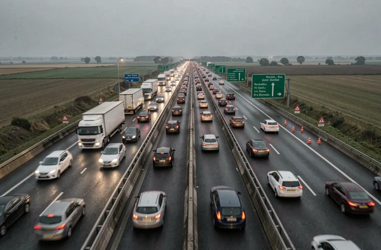 Vue aérienne d'une autoroute française très fréquentée avec trafic dense et signalisation routière