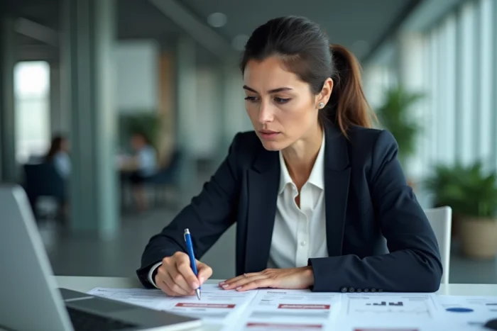Avocate examinant des documents liés à une fuite de données dans un bureau d'entreprise moderne