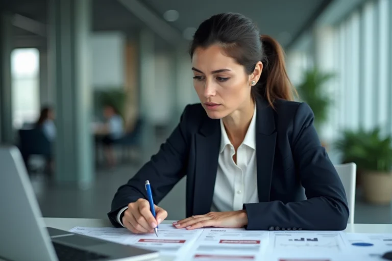 Avocate examinant des documents liés à une fuite de données dans un bureau d'entreprise moderne