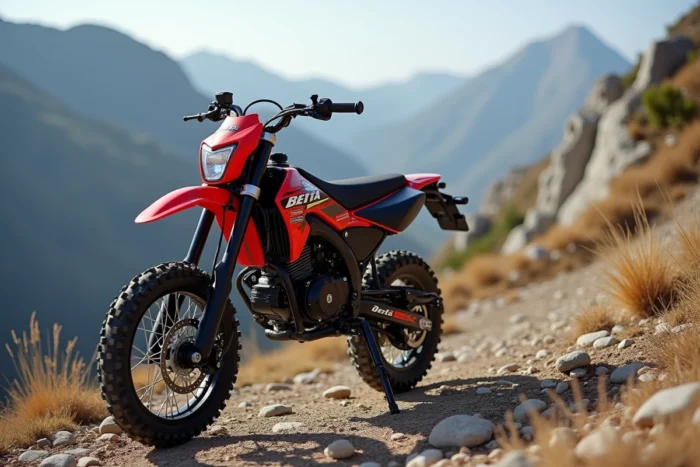 Beta RR 50 rouge et noire garée sur un sentier rocheux de montagne en plein air