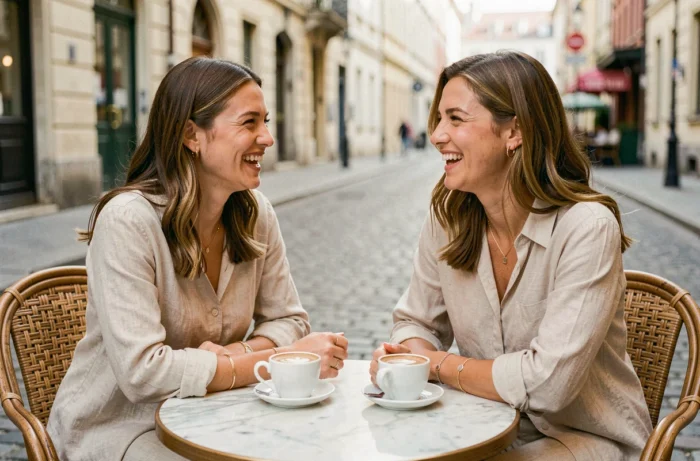Deux femmes en terrasse de café portant des bracelets et bagues Etam, style bijoux minimalistes tendance mode
