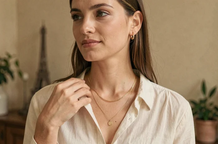 Femme portant des bijoux dorés Etam, colliers superposés et boucles d'oreilles créoles, ambiance appartement parisien