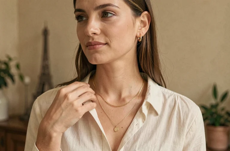 Femme portant des bijoux dorés Etam, colliers superposés et boucles d'oreilles créoles, ambiance appartement parisien