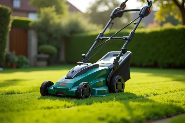 Tondeuse Bosch AdvancedRotak 770 sur une pelouse bien entretenue vue en angle 3/4 mettant en valeur son design vert et noir