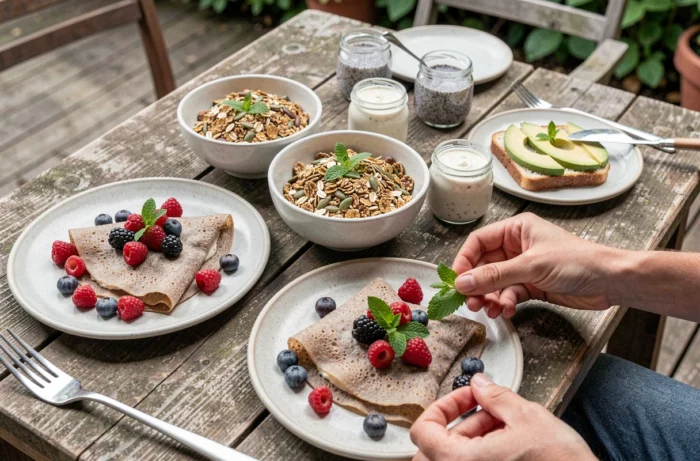 Table de brunch sans gluten dressée en extérieur sur une terrasse en bois avec crêpes, granola et chia pudding