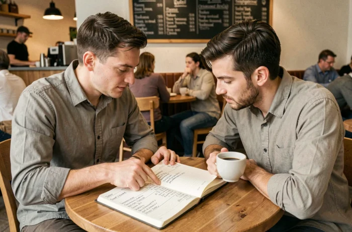 Deux amis planifiant le budget par personne pour un EVG autour d'un carnet de notes dans un café