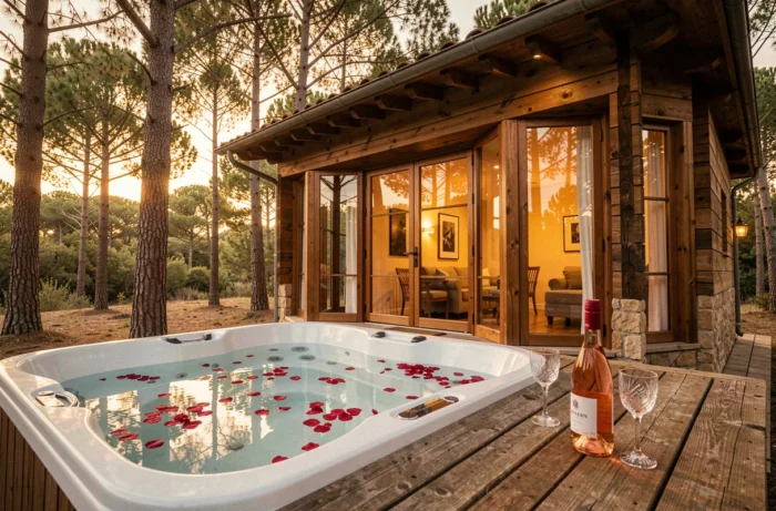 Cabane romantique en bois avec jacuzzi privatif sur terrasse en Provence, entourée de pins, idéale pour un séjour en amoureux en PACA