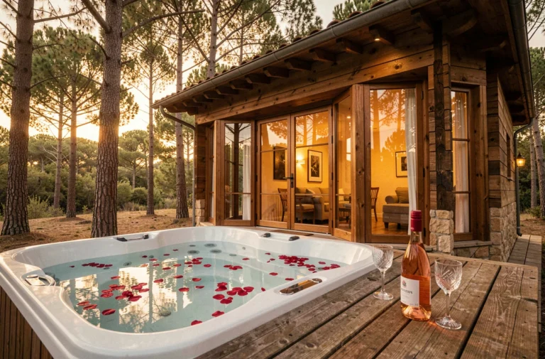Cabane romantique en bois avec jacuzzi privatif sur terrasse en Provence, entourée de pins, idéale pour un séjour en amoureux en PACA