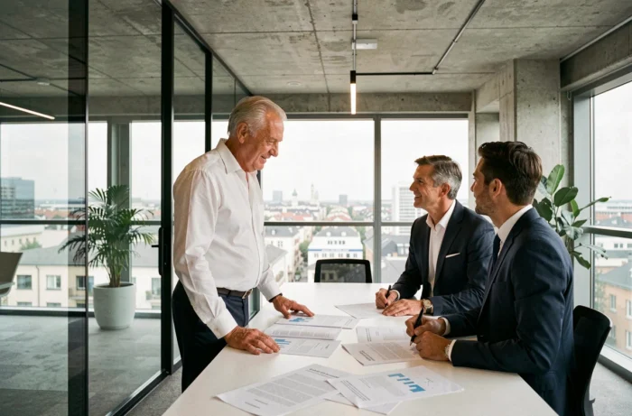 Cadre dirigeant d'un grand groupe d'assurance européen en réunion stratégique dans les locaux du siège social, illustrant le parcours professionnel et les responsabilités d'un PDG