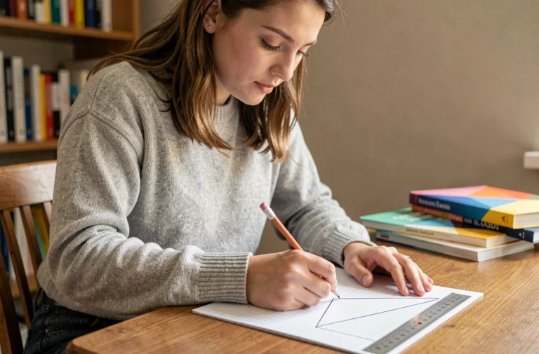 Jeune femme calculant l'aire d'un parallélogramme sur papier quadrillé avec règle et crayon