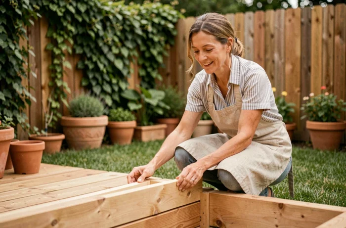 Femme aménageant un carré potager en bois durable dans un jardin extérieur