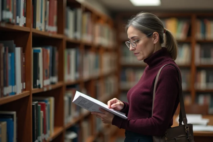 Femme consultant un catalogue papier de formations éligibles au CSP dans une bibliothèque publique