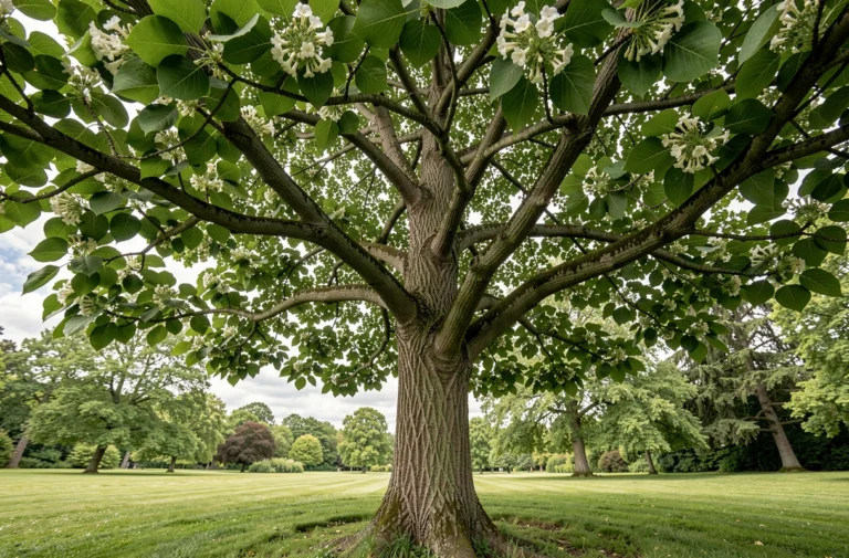 Grand catalpa majestueux en pleine floraison dans un parc verdoyant, avec ses grandes feuilles en cœur et ses fleurs blanches caractéristiques
