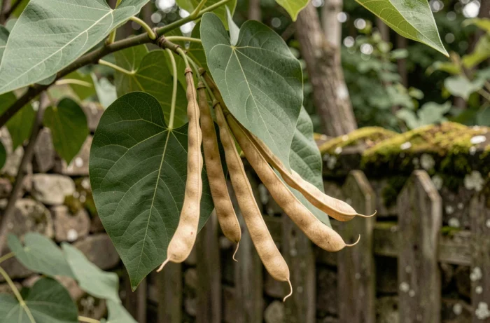 Gros plan sur les feuilles en cœur et les longues gousses caractéristiques du catalpa, détails botaniques d'un arbre remarquable