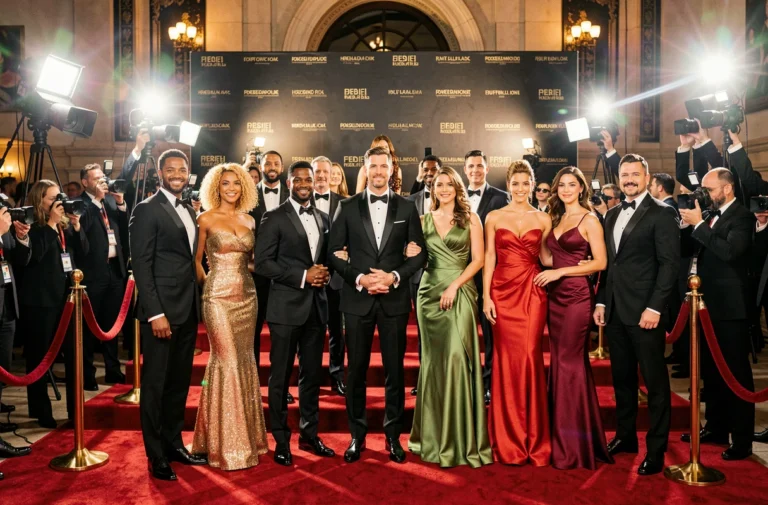 Scène de tapis rouge glamour avec plusieurs célébrités aux yeux hazel posant devant les photographes lors d'une grande cérémonie