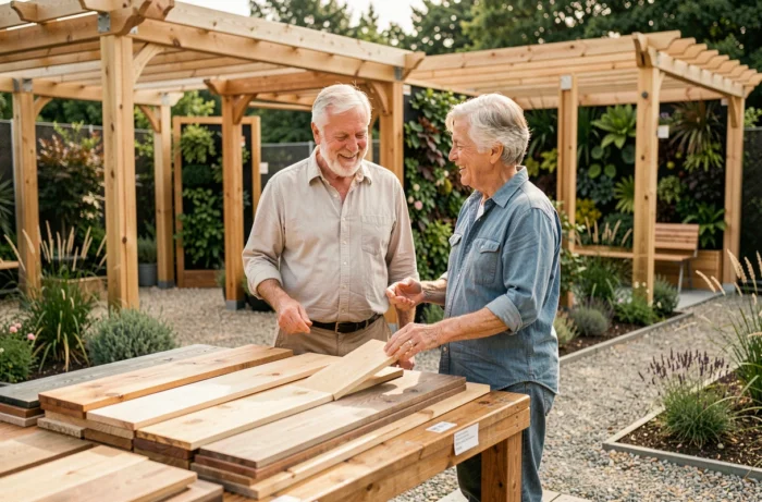 Couple examinant des échantillons de bois pour aménager leur espace extérieur de manière durable