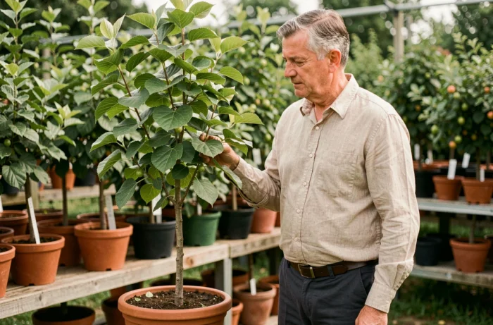 Homme inspectant un jeune mûrier platane en pot dans une pépinière de plantes fruitières