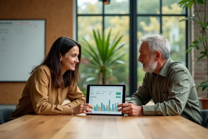 Deux collègues comparant des graphiques de fonds ETF éco-responsables sur tablette dans une salle de réunion durable
