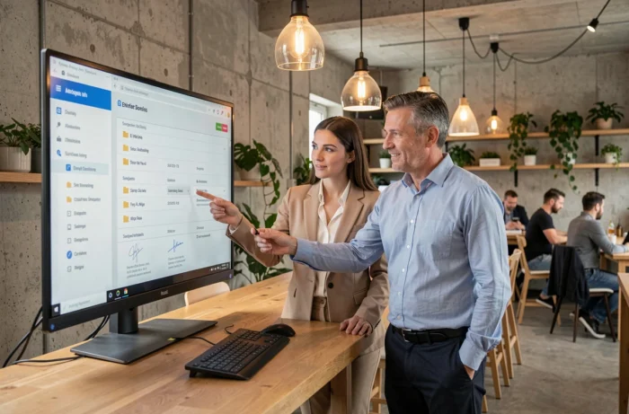 Deux collègues consultant une plateforme de stockage de documents en ligne sur un écran dans un espace de coworking moderne