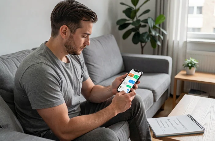 Un homme gère la communication du groupe EVG via une application de messagerie depuis son canapé