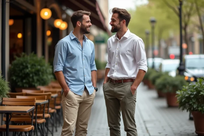 Deux hommes de tailles différentes en terrasse de café, comparaison visuelle illustrant les variations de taille masculine et les perceptions sociales