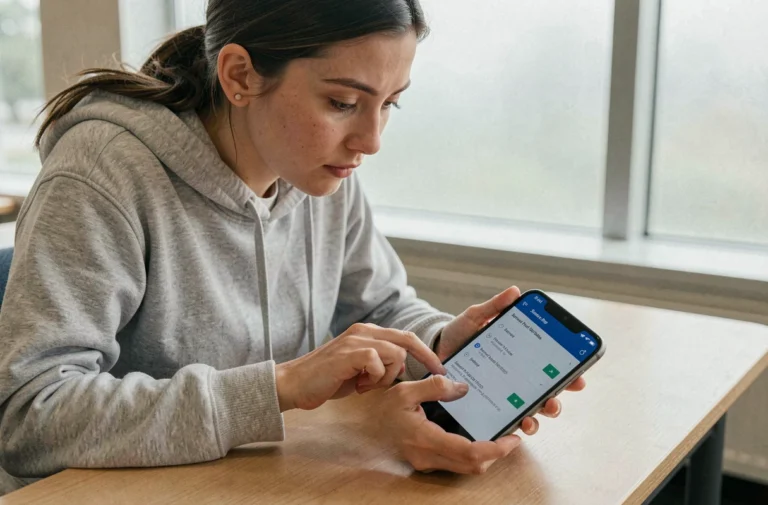Étudiante configurant sa boite mail Zimbra Unicaen sur smartphone Android dans un environnement universitaire