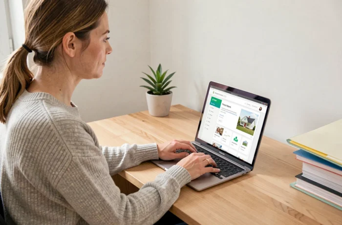 Femme connectée à son compte MyFoncia sur un ordinateur portable dans un bureau à domicile