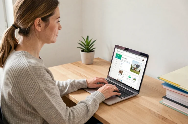 Femme connectée à son compte MyFoncia sur un ordinateur portable dans un bureau à domicile