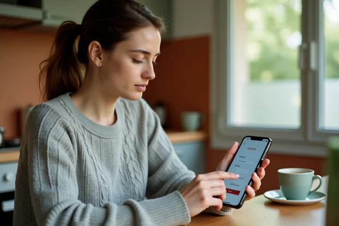 Femme connectée au portail Arena Versailles depuis son smartphone dans une cuisine moderne