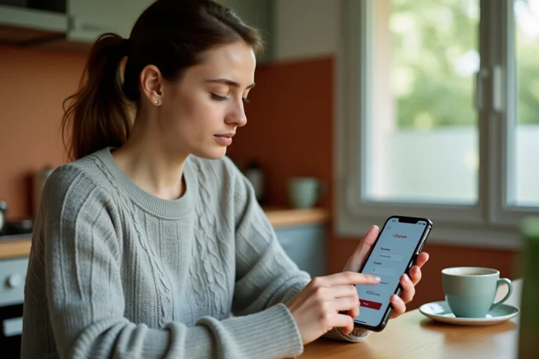Femme connectée au portail Arena Versailles depuis son smartphone dans une cuisine moderne