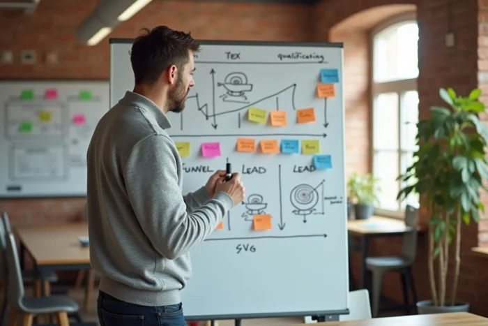 Consultant marketing expliquant les étapes de qualification des prospects sur un tableau blanc
