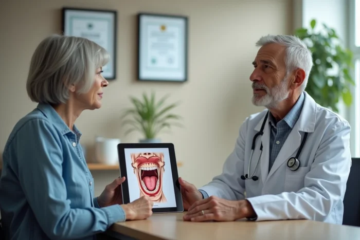 Consultation médicale oncologique avec une patiente recevant des informations sur le cancer de la langue