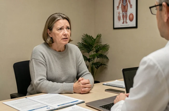 Femme d'âge mûr en consultation médicale discutant de symptômes de leucémie avec un médecin
